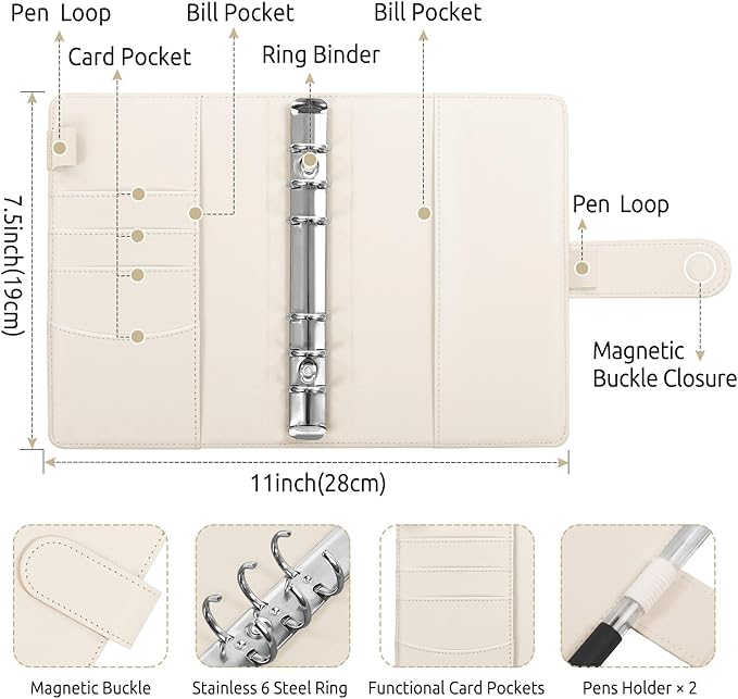 SKYDUE Budget Binder with 8pcs Zipper Envelopes, Money Organizer for Cash with 12pcs Expense Budget Sheets & 24 Blak Sticky Labels, Budget Book with Cash Envelopes (Creamy Oatmeal)