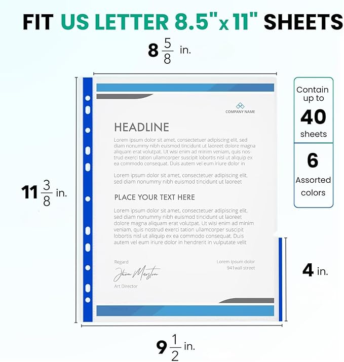 48 Pack, Color Edges Plastic Sheet Protectors 8.5"x11", Premium Heavy Duty, Top & Side Loading, Page Protectors Sheet Reinforced 11-Hole Fit for 2/3/4 Ring Binder