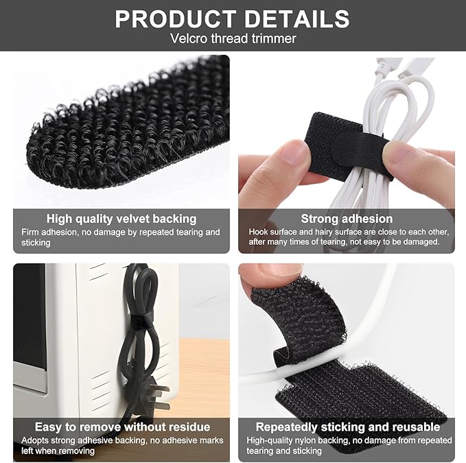 20-Pack Large Reusable Self-Adhesive Cable Ties cable management Adjustable Hook & Loop Straps for Organizing Data Cables, Wires, Headphones Under-Table Cord Management for Home, Office