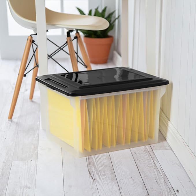Sterilite File Box, Stackable Storage Bin with Lid, Organize Receipts, Bills, Taxes and Papers in the Home, Office, Clear Base with Black Lid, 12-Pack