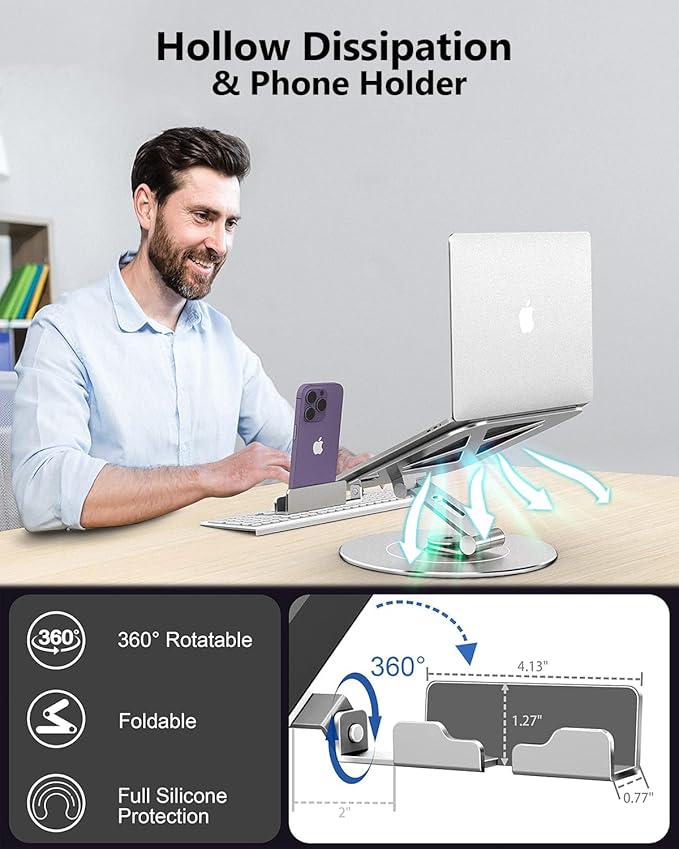 Laptop Stand with Phone Holder, Adjustable Laptop Stand, Aluminum Computer Mount Holder, Ergonomics Laptop Riser for Desk, Fits MacBook, up to 17.3" All Notebooks Silver
