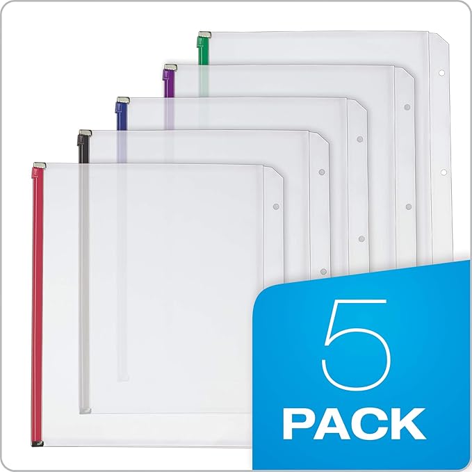 Cardinal Plastic Zippered Binder Pockets, 3-Hole Punched, Fits Full Letter Size 8-1/2" x 11" Sheets, Clear with Multicolor Zippers, 5 Count (14650) (Pack of 8)