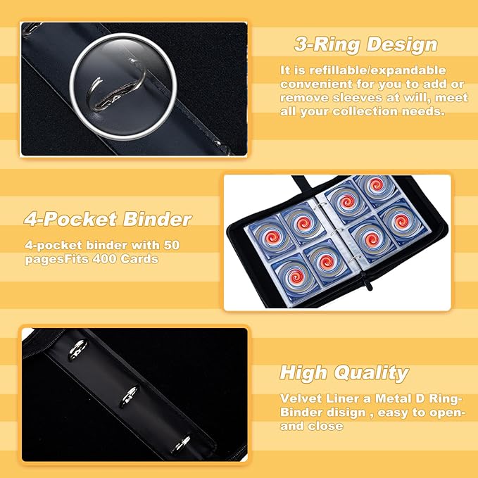 Card Binder 4 Pocket with 50 Removable Sleeves-Can Hold 400 Cards,3-Ring Zipper Sports Book is Gifts for Boys and Girls（Black）