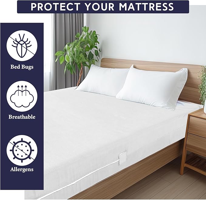 Zippered Mattress Fitted Protector Deep Mattress Encasement Soft Zipper Fitted Sheet Microfiber Bed Sheet Cover for Bed (White,Queen,12-16in)