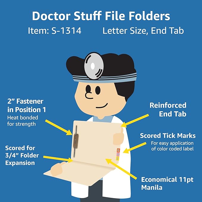 Medical File Folders with Fastener, Doctor Stuff, Letter Size, Reinforced End Tab Folders with 2” Bonded Fastener on Inside Back, 11 pt Manila Stock, Carton of 250