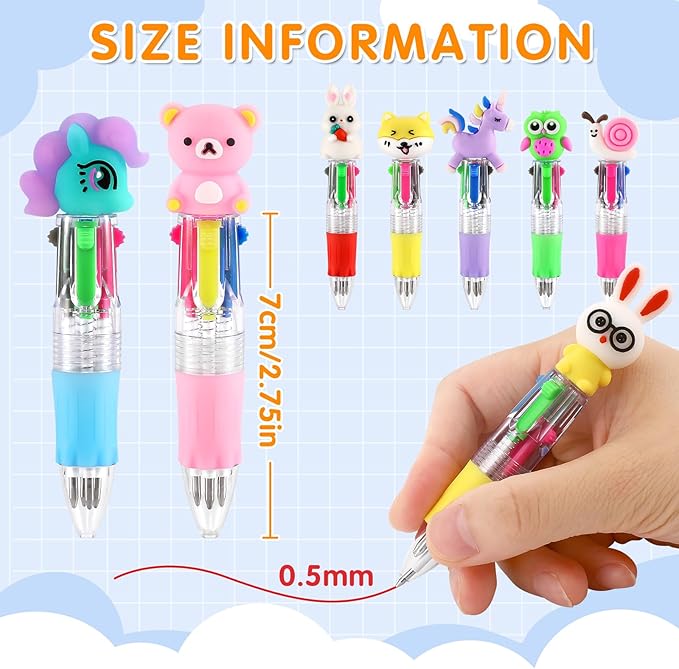 arscniek 100Pcs Multicolor Pen in One, 4-in-1 0.5mm Fine Point Cute Pens, Fun Kawaii Ballpoint Pen for Children's Party Favors, Classroom Prizes, Teacher School Supplies, Bulk Gifts for Students