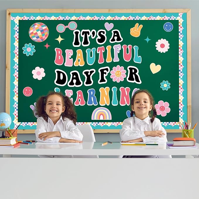 Hippie Boho Classroom Bulletin Board Decorations Groovy Retro Back to School Bulletin Set It's a Beautiful Day for Learning Classroom Decoration Colorful Cutout for Teacher Kindergarten Preschool Wall