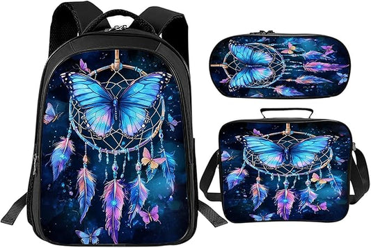Butterfly Backpack Set 3 Piece School Bags and Lunch Box with Pencil Case Blue Butterfly Dream Catcher Bookbag Set for Toddler Kids Girls Boys Teens Kindergarten Elementary Middle