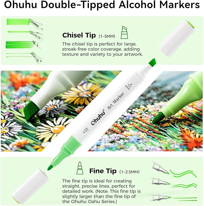 Ohuhu Markers, 48-color Art Marker Set for Architectural Design - Landscape Double Tipped Alcohol Markers - Chisel & Fine Alcohol-based Drawing Marker for Artists Students' Art Class Adults Coloring