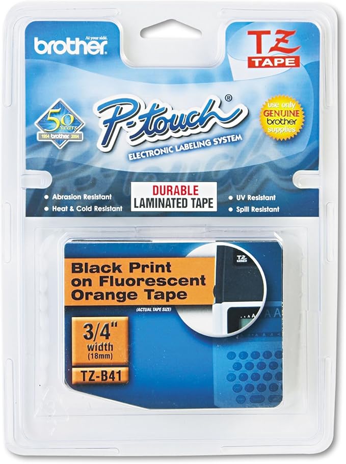 Brother Genuine P-touch TZE-B41 Tape, 3/4" (0.7") Wide Standard Laminated Tape, Black on Fluorescent Orange, Laminated for Indoor or Outdoor Use, Water-Resistant, 0.7" x 16.4' (18mm x 5M), TZEB41