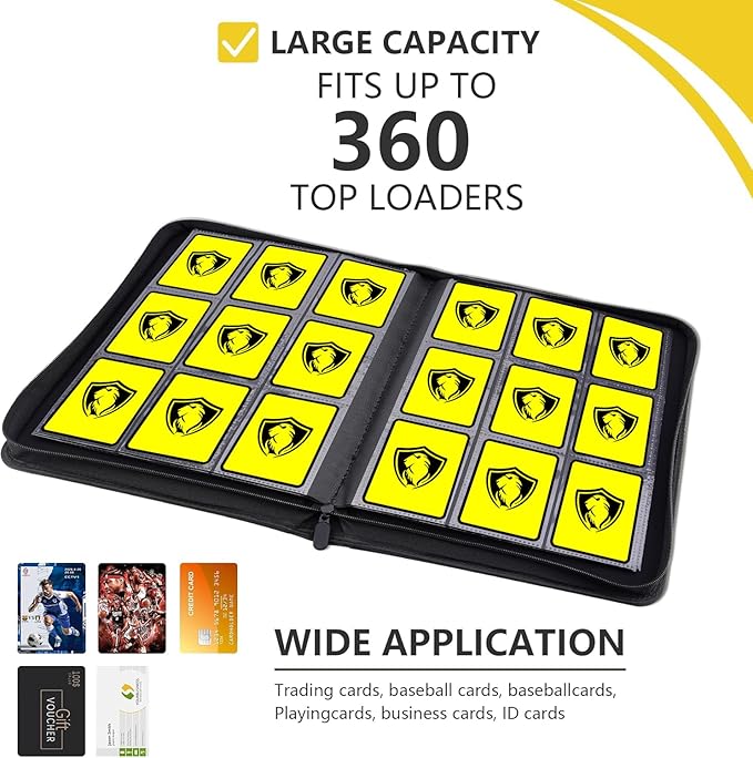 Trading Card Binder 9 Pocket, 360 Pockets Trading Card Holder Book, Premium PU Cover Zip Folder Binder, Side Loading Carrying Case Binder Album for TCG, MTG,Sports Cards, Game Cards (Black)