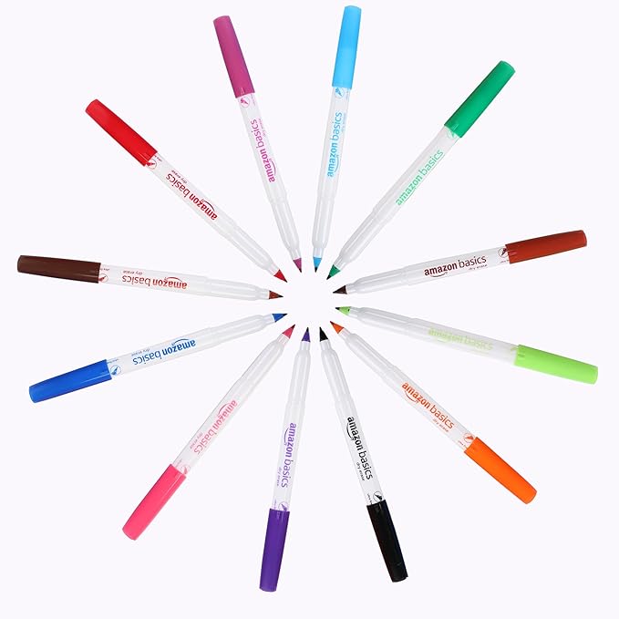 Amazon Basics Low Odor Ultra Fine Tip Dry Erase Whiteboard Markers for Precise Writing, Thin Lines, Assorted Colors, 12-Pack