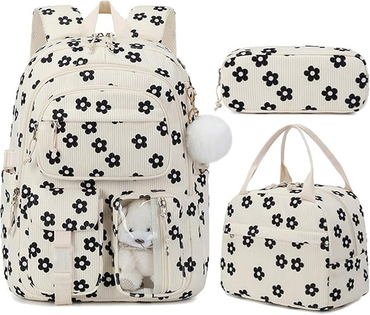 Corduroy Flower Backpack for Girls Teens School Bookbag with Lunch Box Pencil Case Laptop Sleeve Elementary Middle School Bag, Flower-Black