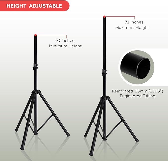 Pyle Universal Speaker Stand Mount Holder Heavy Duty Tripod w/ Adjustable Height from 40” to 71” and 35mm Compatible Insert Easy Mobility Safety Pin and Knob Tension Locking for Stability, Black