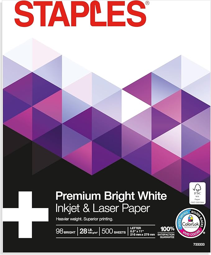 Staples Laser Paper 8.5 x 11 Inch 28 lb 98 Bright High‑Quality Prints, 500 Sheets