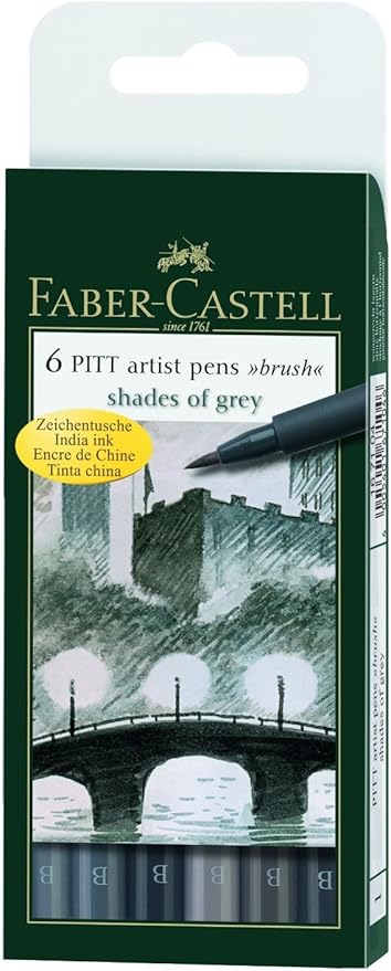 Faber-Castell Art & Graphic Pitt Artist Pen Brush India Ink Pen, Grey Tones, Wallet Of 6, For Art, Craft, Drawing, Sketching, Home, School, University, Colouring