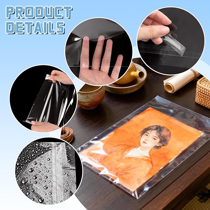 50 Pack 9 3/8 x 12 2/5 inches Crystal Clear Sleeves Storage Bags, Self Sealing Cellophane Bags Magazine Sleeves Protectors for 9x12 Photo Mats Art Prints Drawings
