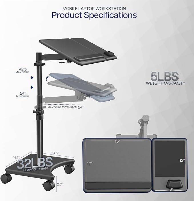 VIVO 15 x 12 inch Laptop Cart with Extension Arm, Over Sofa Rolling Tablet Stand with Adjustable Height and Tilt, Black, CART-H10L