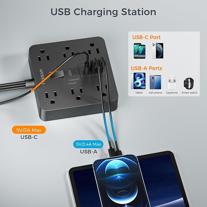 TESSAN Surge Protector Power Strip, Flat Plug Extension Cord 15 Ft with 6 Outlets and 3 USB (1 USB C) Ports, 1700J Protection, Desktop Black Long Power Cord for Indoor Home Office School Dorm Room