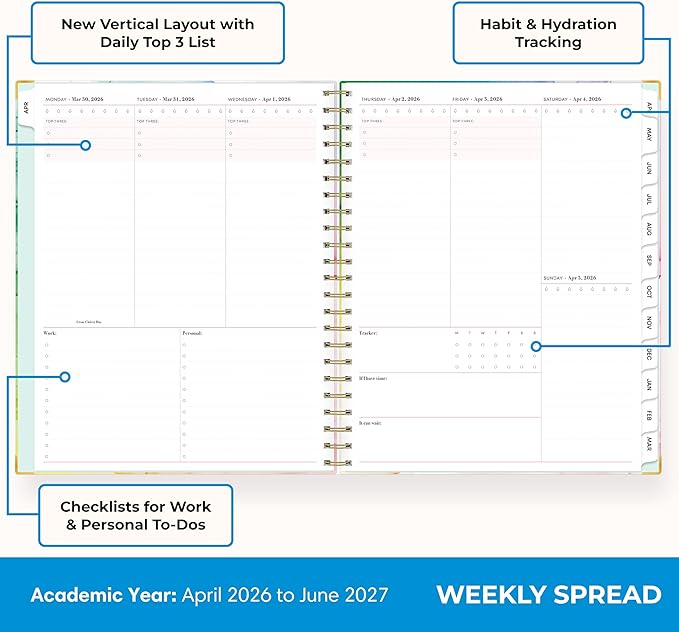 Blue Sky 15 Month 2026-2027 Weekly and Monthly Academic Year Planner Calendar, April 2026 - June 2027, 8.5" x 11", Hard Cover, Wirebound, Laminated Tabs, Storage Pocket, Includes Snap-in Ruler w/Sticky Notes & Sticker Sheet, Rainbow Ink