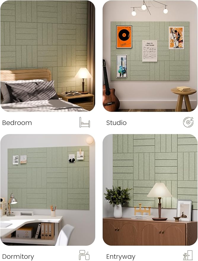 Fluxynara Felt Bulletin Board Tiles Large 48" x 36" Cork Board Alternative-12 Pack with 70 Adhesive Tabs, Thick Slat Wall Panels for Office Decor, Push Pin Board Wall Organizer Alternative-Sage Green