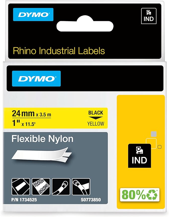 DYMO Industrial Labels, 1", Flex Nylon, Black on Yellow