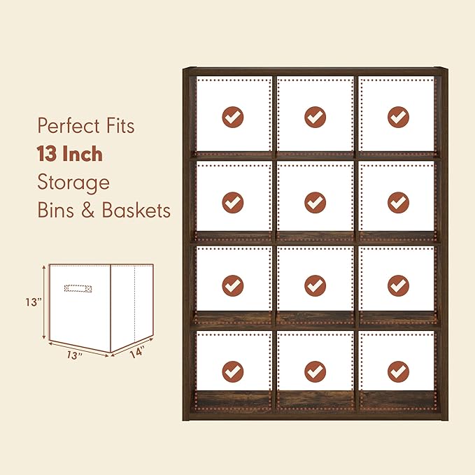 Furinno Cubicle Record Player Stand with Vinyl Storage, 12-Cube 1.2 Extra Thick Vinyl Record Storage, Open Back Media Shelf for CD DVD Blueray Game Disc, for Living Room, Home Office, Amber Pine