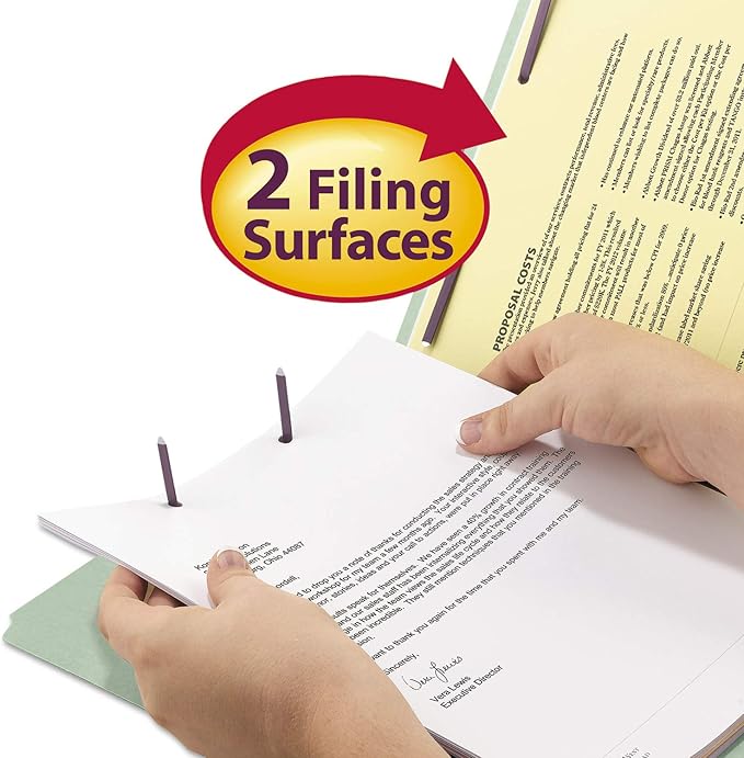 Smead Pressboard Fastener File Folder with SafeSHIELD Fasteners, 2 Fasteners, 1/3-Cut Tab, 2" Expansion, Letter Size, Gray/Green, 25 per Box (14934)