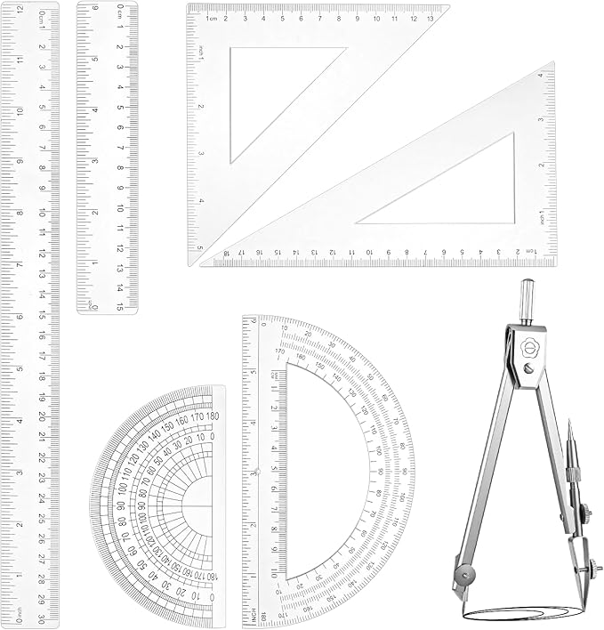 7PCS Geometry Math Set Plastic Clear 45/60 Degree Triangle Ruler 12 and 6 Inch Math Ruler 4 and 6 Inch Protractor and Compass Set with Box Measuring Tools for Students Teachers Office Supplies