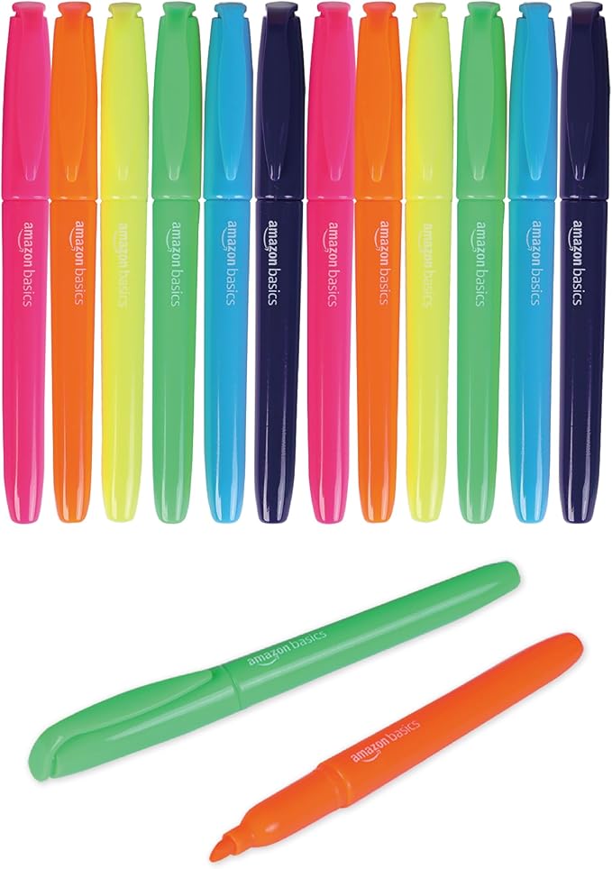 Amazon Basics Chisel Tip Highlighters, Fluorescent Ink, Vibrant Assorted Colors, School Supplies, 12-Pack