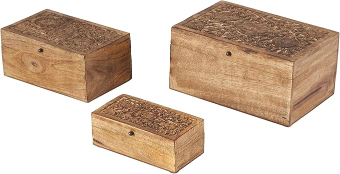 Deco 79 Mango Wood Floral Handmade Decorative Box Decorative Keepsake Boxes with Hinged Lid, Set of 3 Storage Boxes 8", 10", 12"W, Brown