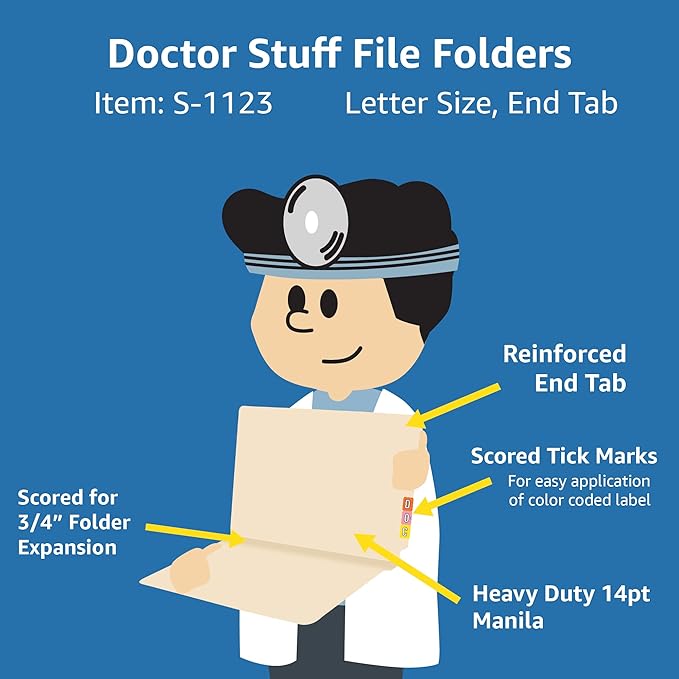 Medical File Folders, Doctor Stuff, Letter Size, Reinforced End Tab Folders, 14 pt Manila Stock, Box of 50