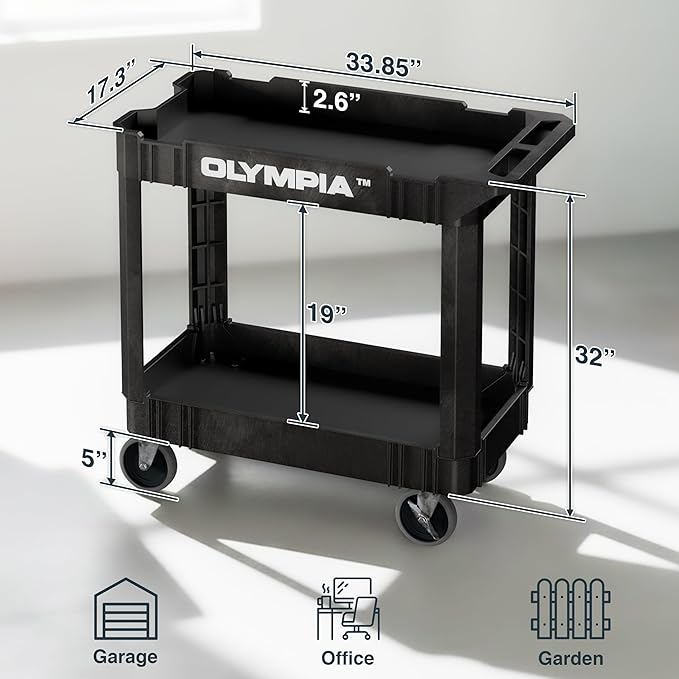 Olympia Tools 2 Tier Rolling Carts with Wheels – 500lbs Heavy Duty Utility Cart, Locking Swivel Wheels – Work Cart for Garage, Service & Industrial Use, Built-in Ruler