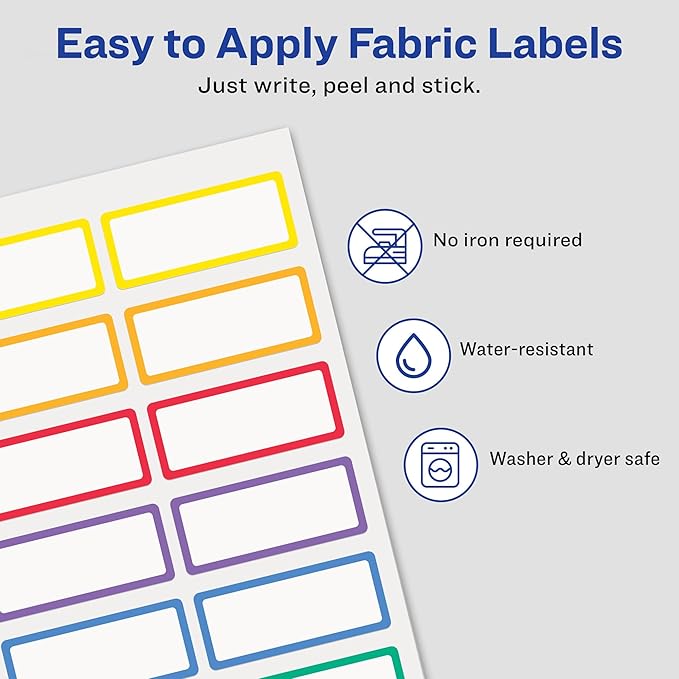 Avery No-Iron Fabric Name Labels, Rainbow Borders Preprinted Designs, Handwrite-Only, 2-Pack, 48 Preprinted Labels (22281)