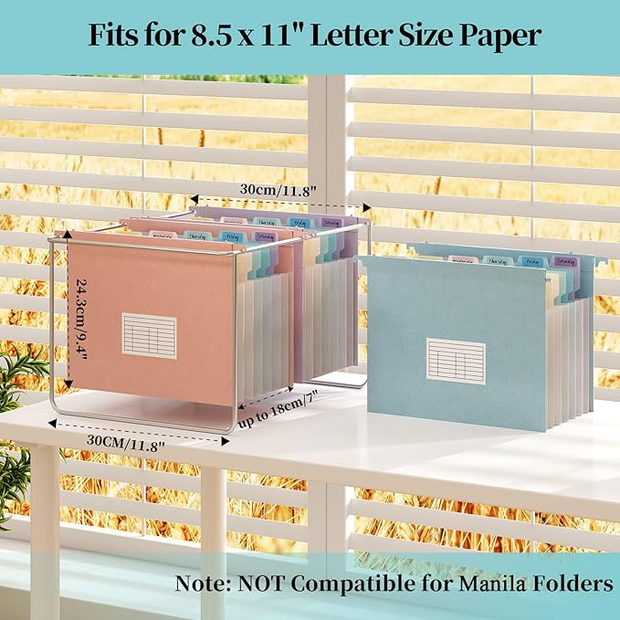 Expanding Hanging File Folders for Filing Cabinet, 7 Accordion Pockets, 1.2'' Expandable, Multi-Color Tabs, Letter Size, 50% Wheat Straw, 3 Pack (Pastel Pink)