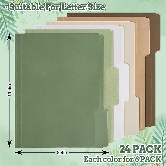 Whaline 24 Pack Green Brown File Folders Letter Size 6 Colors Sage Green Brown File Pockets with 1/3 Cut Tab for Home Office Classroom Supplies, 8.9 x 11.6 Inch