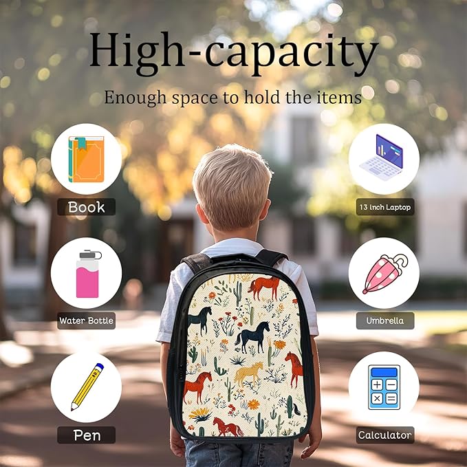 Horses Backpack Set 3 Piece School Bags and Lunch Box with Pencil Case Horse Cactus Bookbag Set for Toddler Kids Girls Boys Teens Kindergarten Elementary Middle