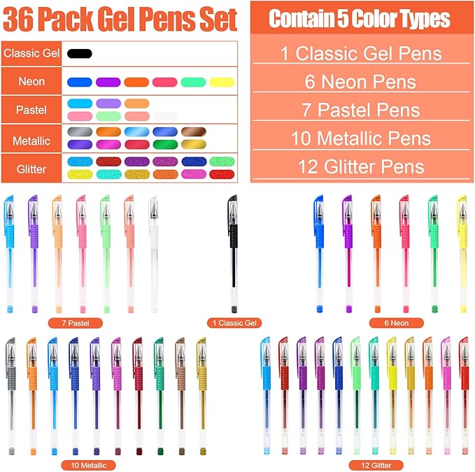 TANMIT 36 Colors Gel Pens Set for Adult Coloring Books, Colored Gel Marker with 40% More Ink, Great for Adult Doodling Scrapbooking Drawing