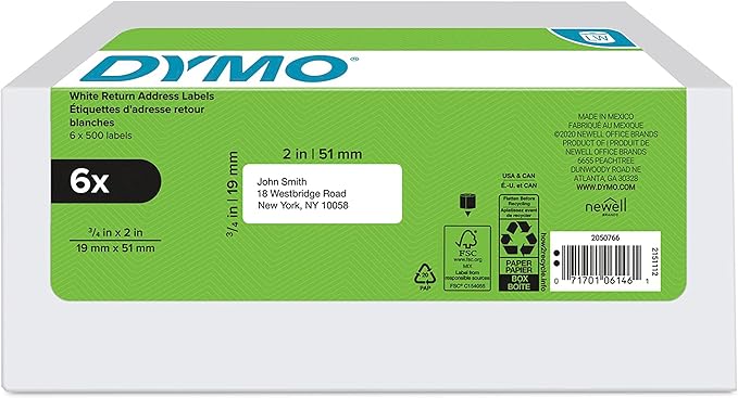 DYMO Authentic LW Return Address Labels for LabelWriter Label Printers, White, 3/4" x 2", 6 Rolls of 500 (3000 Total)