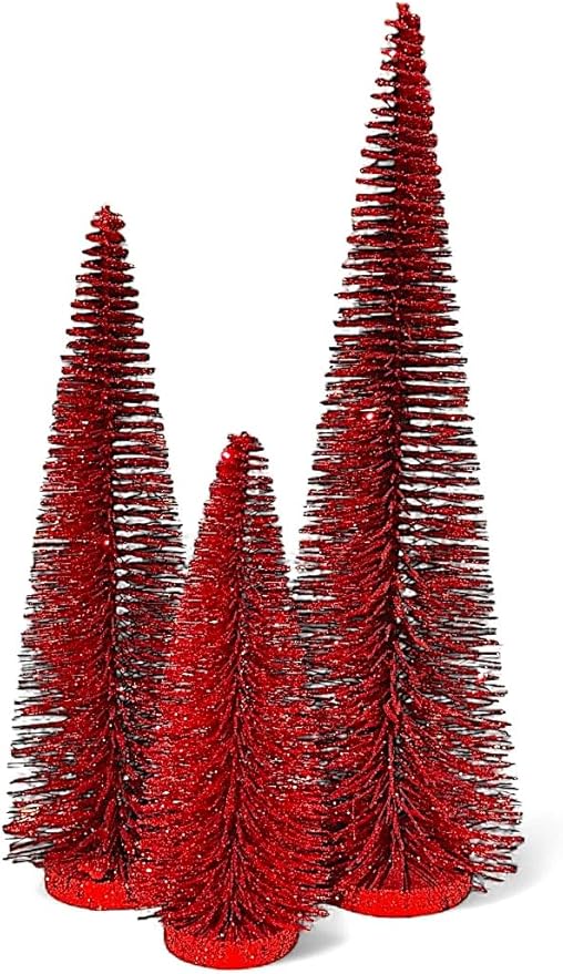 RAZ Imports Set of 3 Bottle Brush Trees – 17”, 14”, 9” Modern Christmas Holiday Winter Décor – Glittery Tabletop Mini Trees for Home Office Shelf Desk Mantel Fireplace Decoration (Red Glittered)