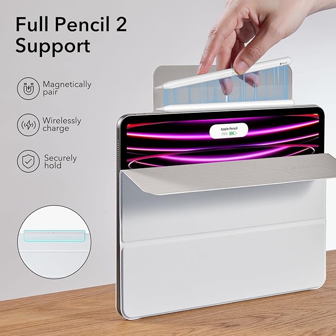 ESR for iPad Pro 12.9 6th/5th/4th Gen, iPad Air 13 Inch Case M3/M2 (2025/2024), Powerful Magnetic Attachment, Slim Trifold Stand Case, Supports Pencil Pro & USB-C, Rebound Series, Brilliant White