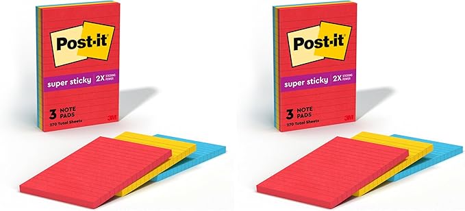Post-it Super Sticky Notes, Assorted Sizes, 13 Pads, 2X The Sticking Power, Playful Primaries, Primary Colors (Red, Yellow, Green, Blue, Purple), Recyclable (4623-13SSAU) (Pack of 2)