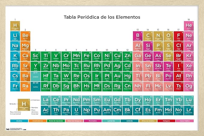 Periodic Table Of Elements - Spanish Wall Poster, 22.4L" x 14.7W", Blonde Framed Version