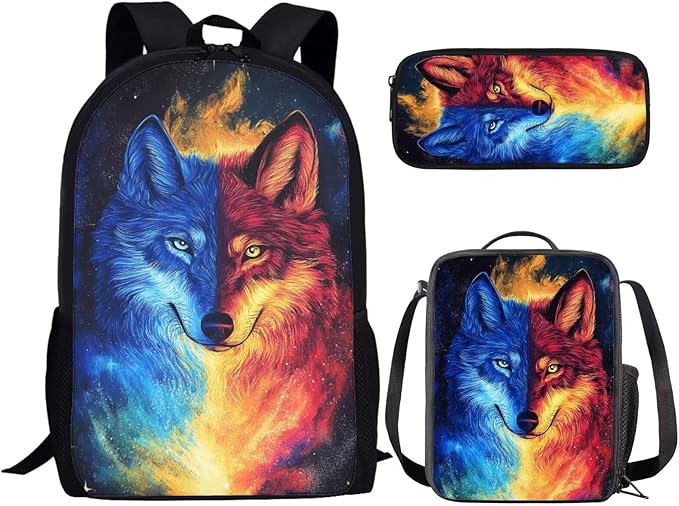 CLOHOMIN Fire Wolf Kids Bookbag with Lunch Box 6th Grade Cool Backpack and Lunch Bag Set for Boys Girls 12-14 Years Old Elementary School Schoolbags Set with Lunch Tote Pencil Case, 3 in 1