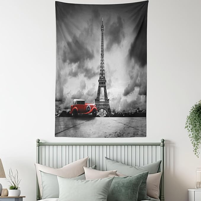 Ambesonne Eiffel Tower Tapestry Queen Size, Image of Eiffel Tower Paris France Vintage Car Street Dark Clouds, Wall Hanging Bedspread Bed Cover Wall Decor, 88" X 88", Black Red