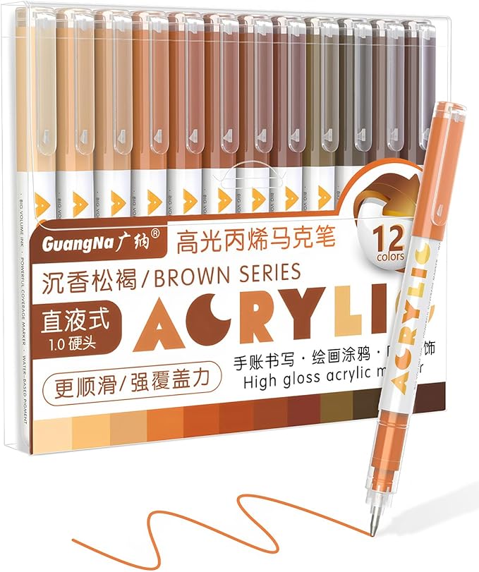 Guangna Brown Acrylic Gel Pens 12 Color, Colored Pens for Journaling, Coloring Books, Calligraphy, Note Taking & DIY Crafts, RollerBall Pen Tip