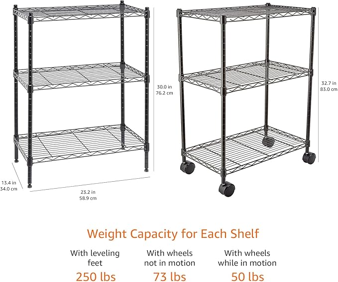 Amazon Basics 3-Shelf Adjustable Heavy Duty Storage Shelving Unit on 2" Wheels, Metal Wire Rack for Garage, Utility Shelving with Leveling Feet, 23.2" L x 13.4" W x 32.75" H, Black