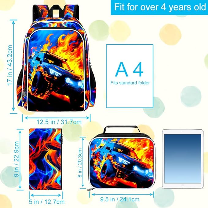 KLFVB 3PCS School Backpack Set, 17" Boys Truck Bookbag and Lunch Box, Water Resistant School Backpacks for Teenagers Middle Elementary - Flame Truck