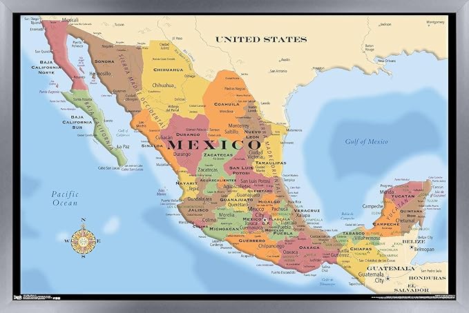 Trends International Map - Mexico Wall Poster, 14.725" x 22.375", Silver Framed Version