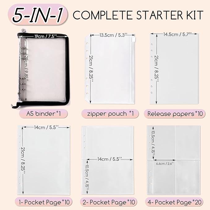 5-in-1 Sticker Organizer Book Reusable A5 Storage Binder with 220 Pockets,10 Release Papers, Zipper Album Sticker Collecting Display Keeper (Black)